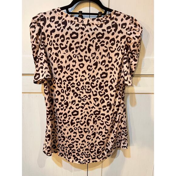 NWT XIEERDUO Animal Print V-Neck Puffed Sleeve Top Tan Black Blouse Size Small - Picture 5 of 5